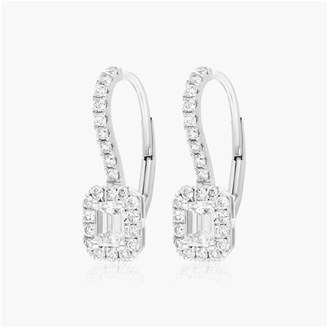 18k White Gold Halo Emerald Cut Diamond Leverback Earrings 81275w