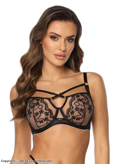 Soft Cup Bra Lace Embroidery Crossing Straps Mesh Inlay