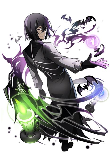An Anime Character With Purple Hair And Black Clothes Holding A Green
