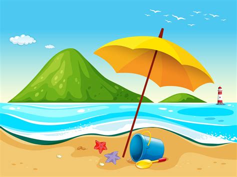 Beach Scene With Umbrella And Toys Vector Art At Vecteezy