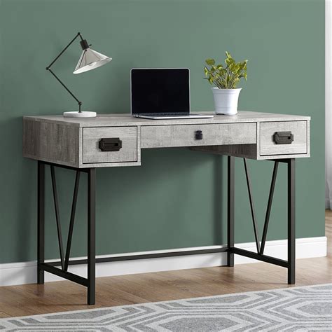 59.75 w writing desk modern black wash poplar wood leather drawer pulls iron. Monarch 3 Drawer Writing Desk in Gray and Black | eBay