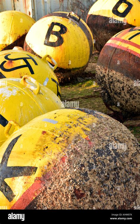 Some Channel Marker Buoys In A Boatyard Ready For Cleaning And Re