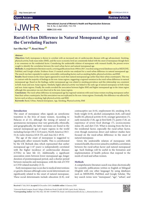 pdf rural urban difference in natural menopausal age