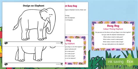 Colour Mixing Elephant Busy Bag Prompt Card And Resource Pack