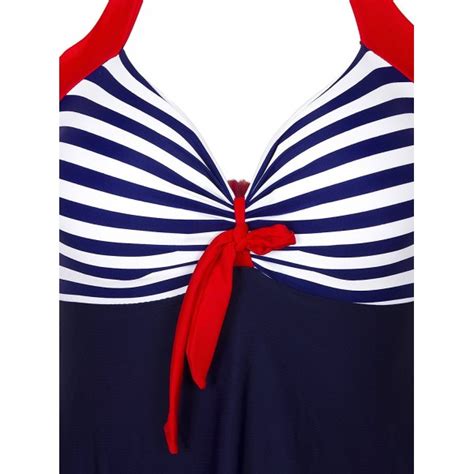 Vintage Sailor Straps Halter Pin Up Swimsuit One Piece Skirtini Cover