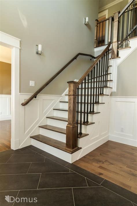 Closed string staircases enclose the stair treads and risers and the spindles are fixed to a base rail at the bottom and a handrail at the top. Farmhouse staircase, Farmhouse stairs, Staircase remodel