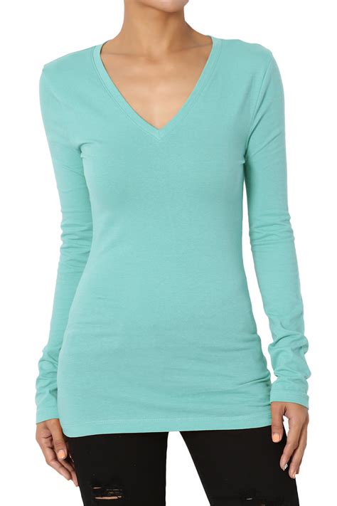 Themogan Womens Basic Plain Solid V Neck Long Sleeve Tee Cotton Fitted T Shirts