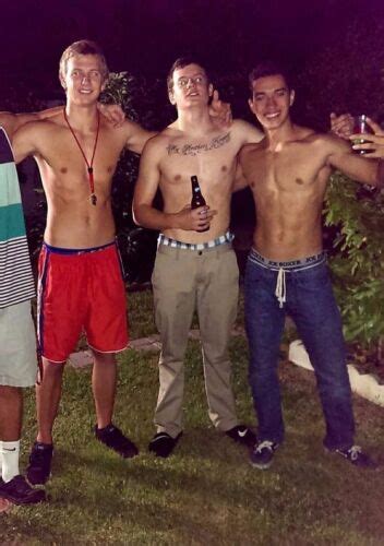 Shirtless Male Hunks College Frat Guys Party Boys Trio Dudes Photo X