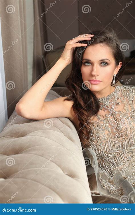 Luxurious Glamorous Model Beautiful Woman Resting In Hotel Room Stock
