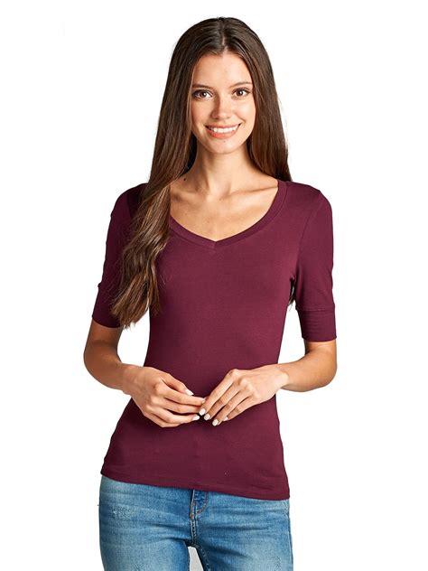 Essential Basic Essential Basic Women S Cotton Blend V Neck Tee Shirt Half Sleeves Plum S