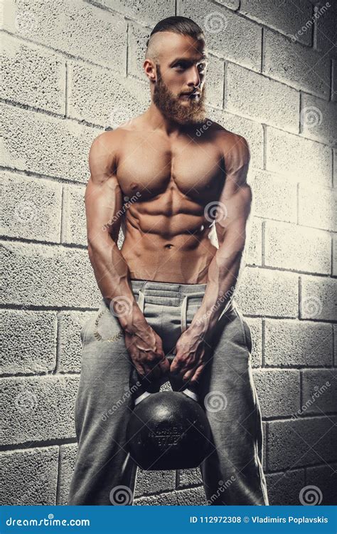 Shirtless Bodybuilder Holds Lifting Weight Stock Photo Image Of