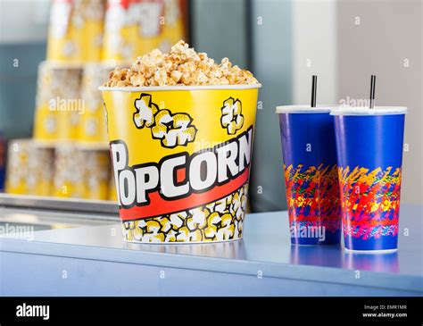 Popcorn Bucket With Drinks On Concession Counter Stock Photo Alamy
