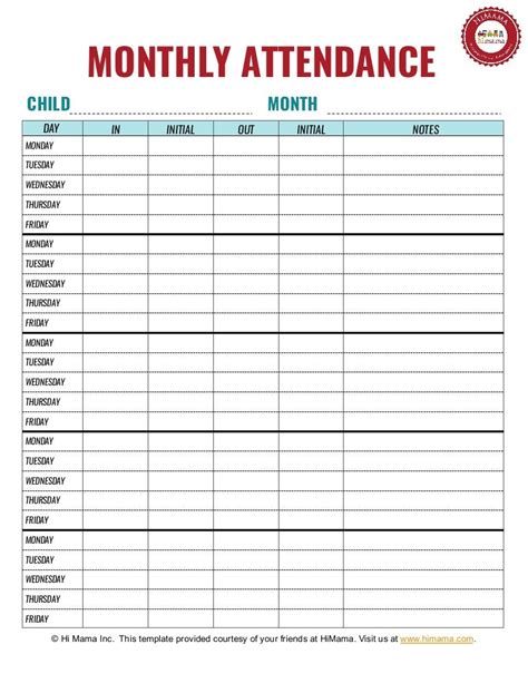 Daycare Sign In Sheet Template Monthly