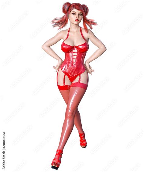 3d Beautiful Sexy Brunette Girl Red Latex Corset Stockingsminimalist Extravagant Clothes Future