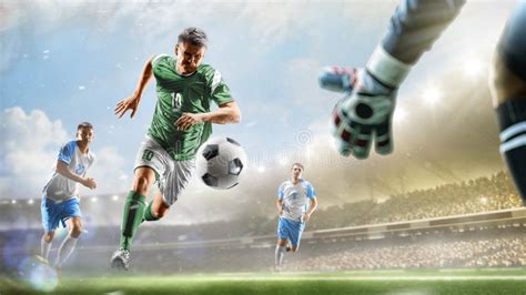Soccer Players In Action On Sunset Stadium Background Panorama Stock