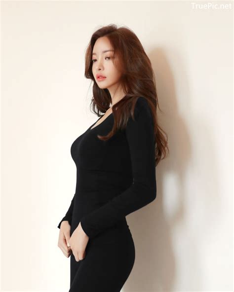 Korean Fashion Model Jin Hee Black Tights And Winter Sweater Dress