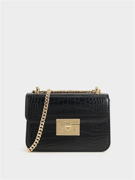 Black Croc Effect Chain Strap Crossbody Bag Charles And Keith Nz