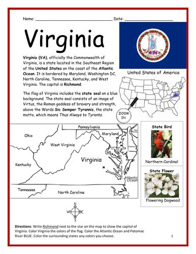 Virginia Introductory Geography Worksheet Teaching Resources