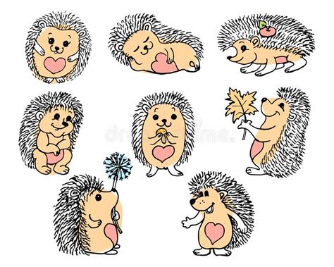 Illustration Set Of Hand Drawn Cute Funny Hedgehogs For Children