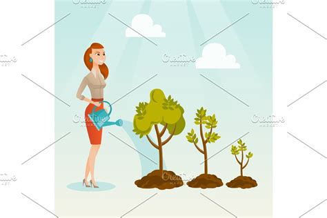 Business Woman Watering Trees Vector Illustration Creative Daddy