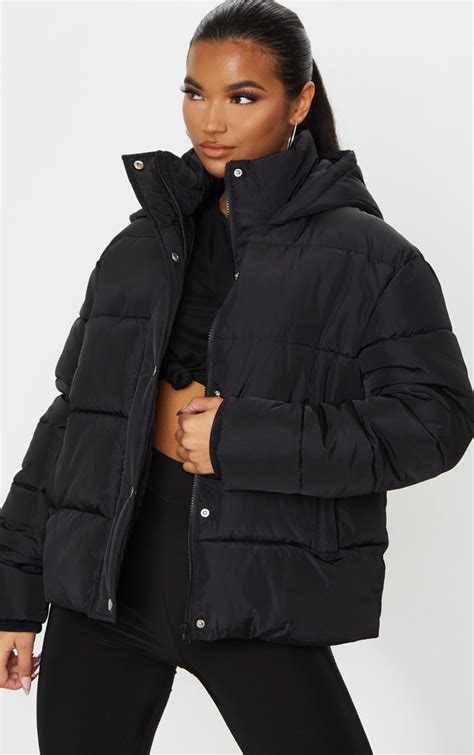 black peach skin hooded puffer jacket prettylittlething