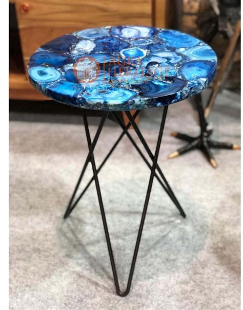 Blue Agate Round Small Coffee Table Top Precious Stone Decor Etsy