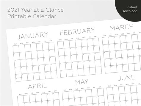 2021 Printable Calendar Year At A Glance Calendar 2021 Large Etsy