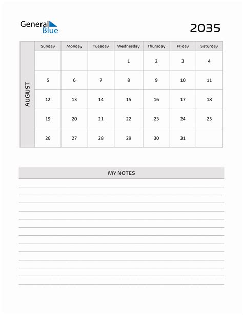 August 2035 Printable Monthly Calendar With Notes