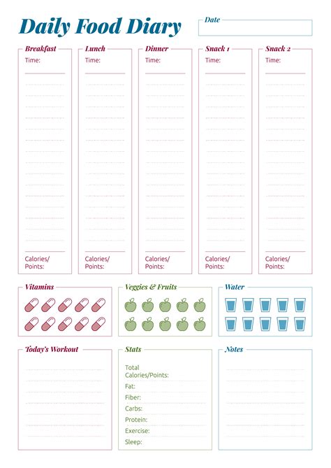 Printable Complex Daily Food Diary PDF Download Diary Template Food Diary Daily Planner Pages