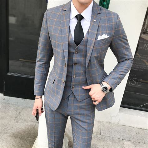 Classic Plaid Mens Suit England Style Dress Slim Fit Wedding Suits For