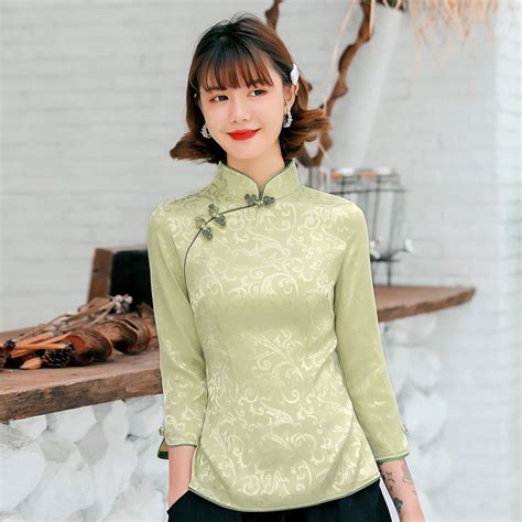 elegant satin chinese women mandarin collar shirt novelty green printed blouse half sleeve
