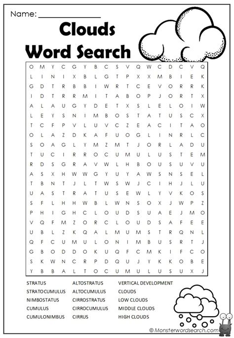 They're also organized with the easiest word searches listed at the beginning of each section. Clouds Word Search- Monster Word Search
