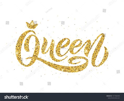 Queen Word Crown Gold Glitter Calligraphy เวกเตอร์สต็อก ปลอดค่า