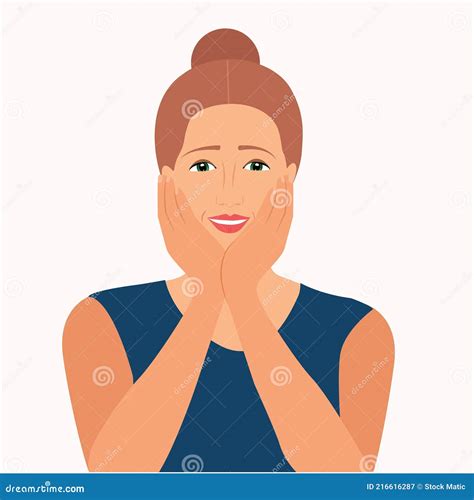 Woman Resting Her Face In Her Hands She Feels Surprised Amazed Vector Illustration Stock