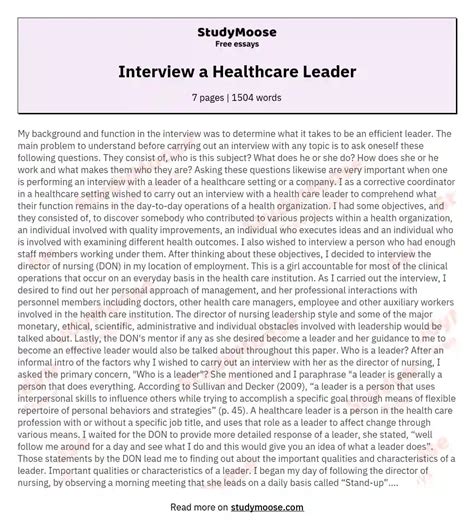 Interview A Healthcare Leader Nursing Leadership Interview Paper And