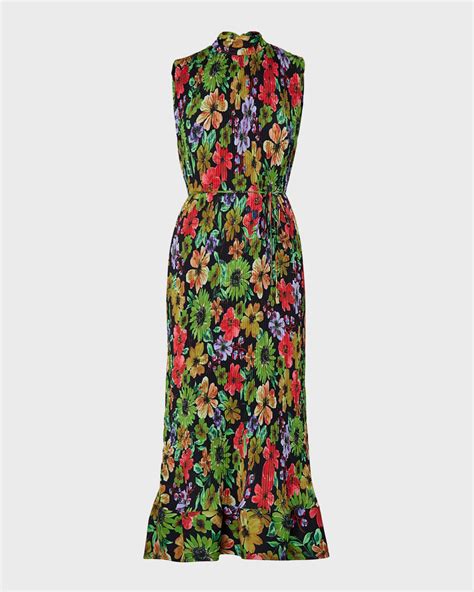 Milly Melina Pleated Floral Print Midi Dress Neiman Marcus