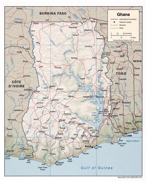 Large Detailed Political Map Of Ghana With Relief Roads