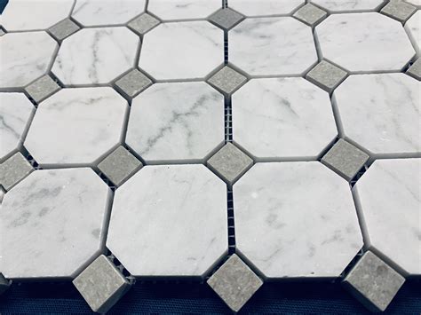 White Carrara Honed Marble 2 Octagon With Grey Dot Mosaic Tile Free