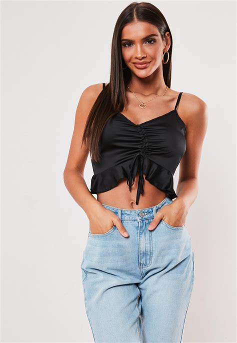 Black Satin Ruched Front Cami Crop Top Missguided