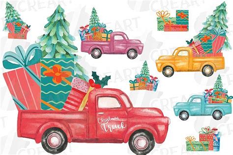 Watercolor Christmas Truck Clip Art Retro Trucks Decoration 370842