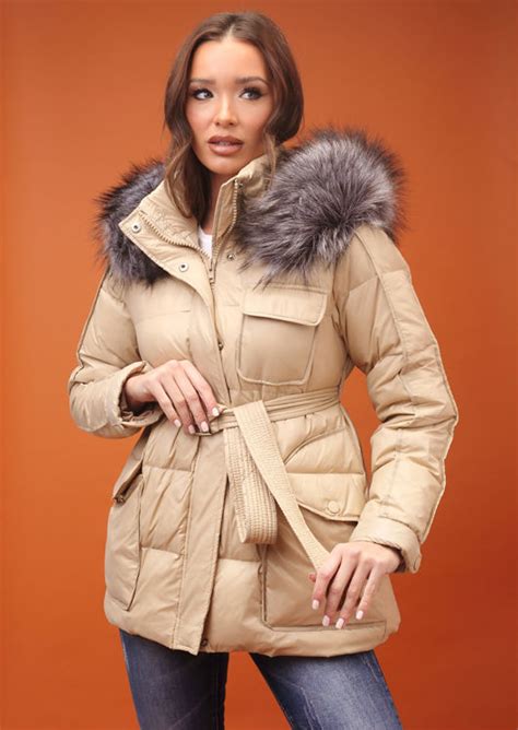 Down Faux Fur Hooded Belted Puffer Coat Beige I Lily Lulu