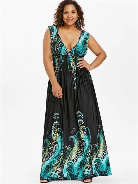 Wipalo Summer Paisley Plunge V Neck Bohemian Plus Size Women Dress Bc5