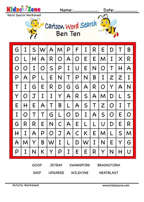 Ben Ten Word Search Puzzle Worksheet Kidzezone