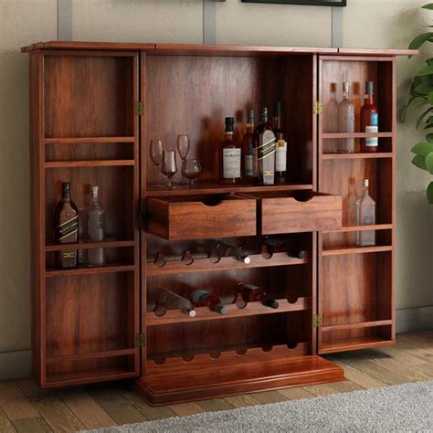 Expandable Rosewood Rustic Bar Cabinet With Bottle Storage And Wine