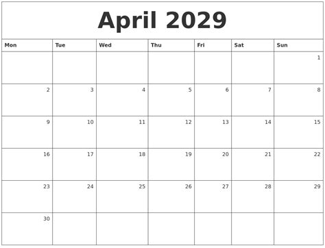 April 2029 Monthly Calendar