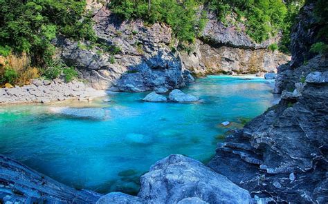 Nature Landscape River Shrubs Rock Slovenia Turquoise Water