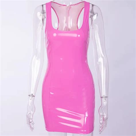 Bkld Sexy Sheath Bodycon Women Pink Pu Leather Dress Sleeveless U Neck Mini Dress Casual Women
