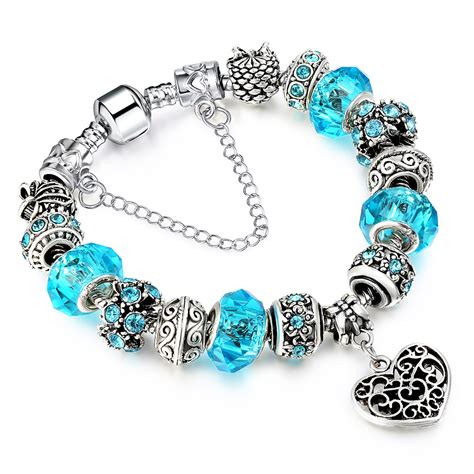 Crystal Bracelet Allow Silver Plated Bead With Blue Crystal Heart