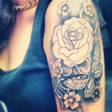 Women Tattoo Half Sleeve In Process Not Finished Yet Roses Butterfly