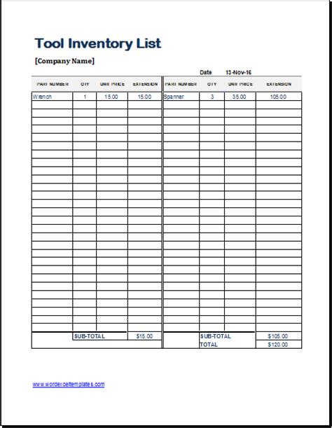 Tool Inventory Template Free Printable Templates